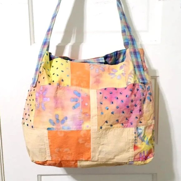 Original by Jernigan Orange Green Blue Plaid Beaded Large Hobo Shoulder Bag Tote - Picture 2 of 13